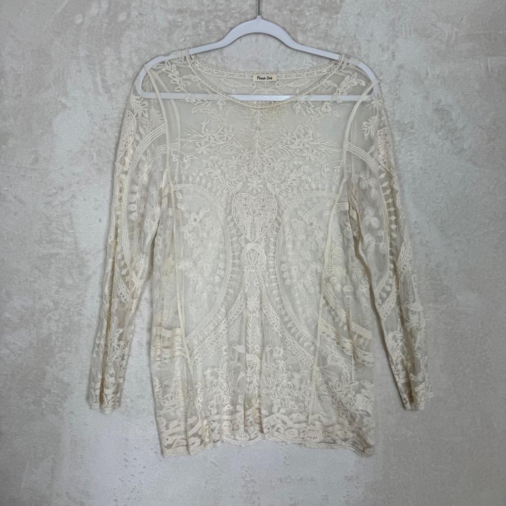 Boho Sheer‎ Lace Mesh Top Embroidered Floral Romantic Festival Blouse Size M